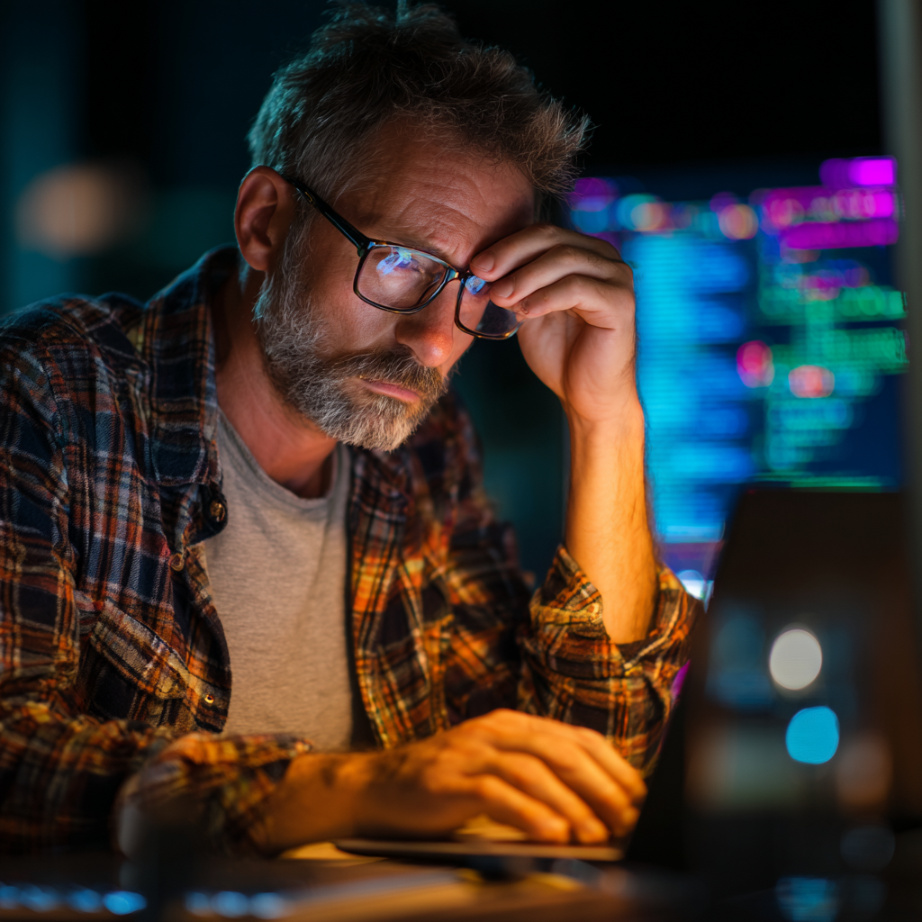 Man in front of laptop. Digital Security